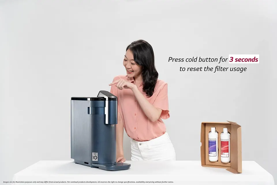Press cold button for 3 seconds to reset the filter usage